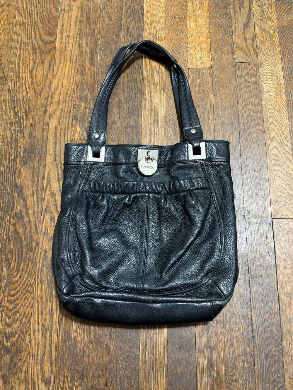 Calvin Klein Black Leather Tote Bag with Silver Hardware